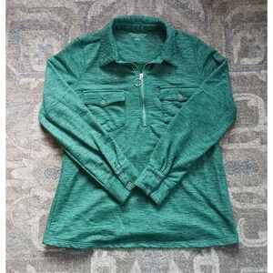 Women M Soft Surroundings Shirt Longsleeve  Green Heathered Pockets Knit Cotton